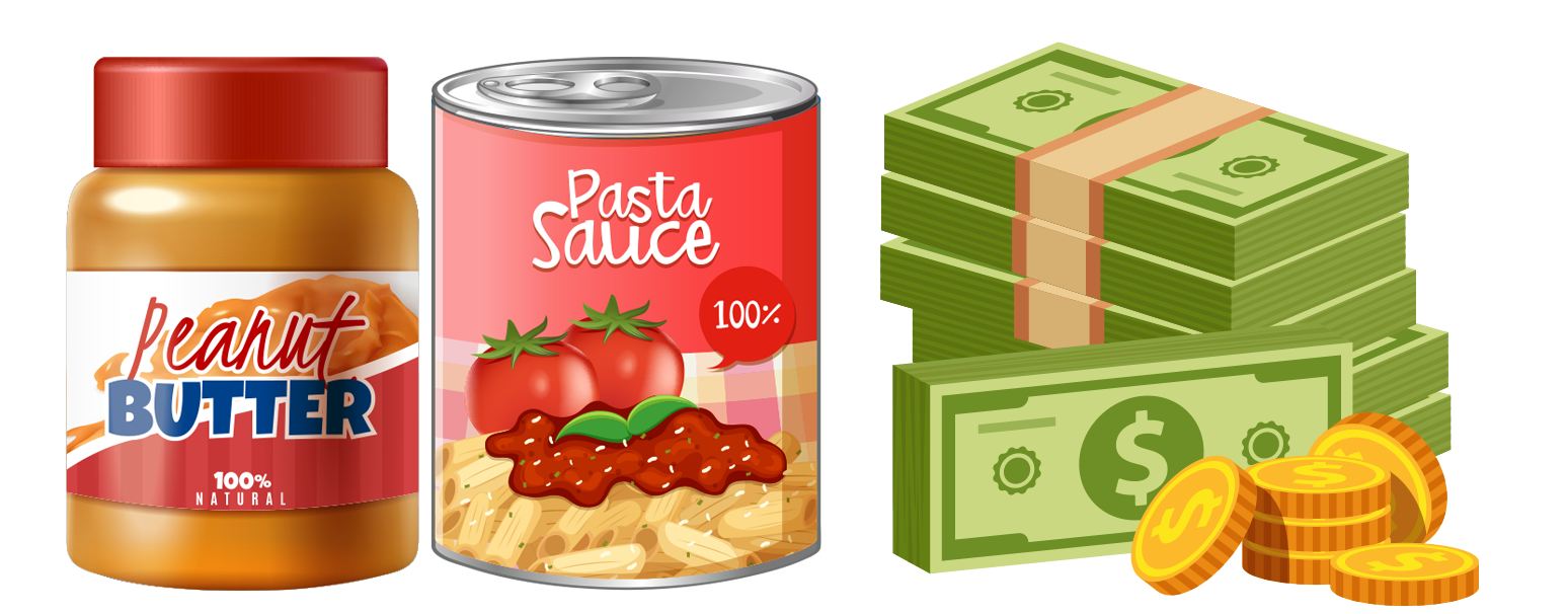 need of the month, cash, peanut butter and pasta sauce